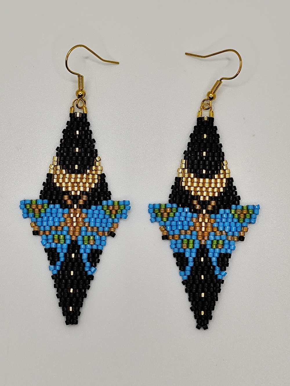 Blue and Black Seed Bead Diamond Earrings with Gold Accents